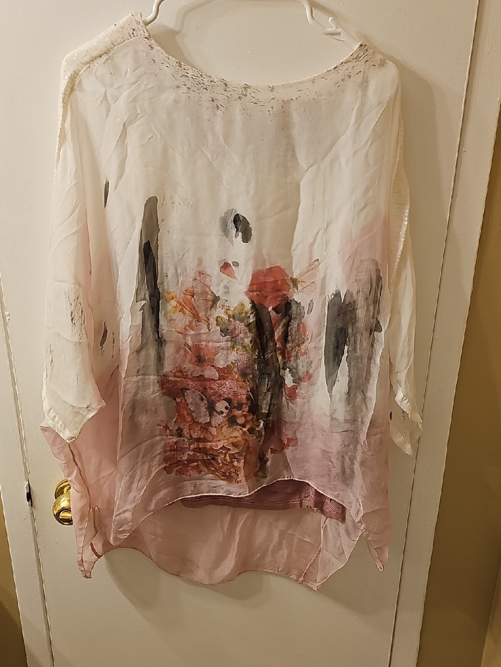 Amanti Sheer Floral Watercolor Pink & Cream Women's Tunic Top Made In Italy